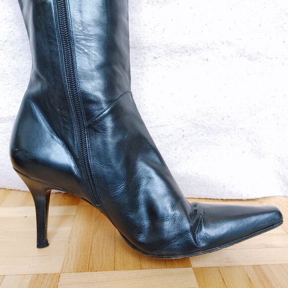 💯% genuine leather Black Knee high heeled boots - Picture 6 of 16